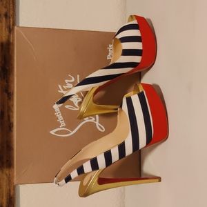 COPY - Christian Louboutin Lady Peep Slingbacks Sz37.5 Navy/White Stripe